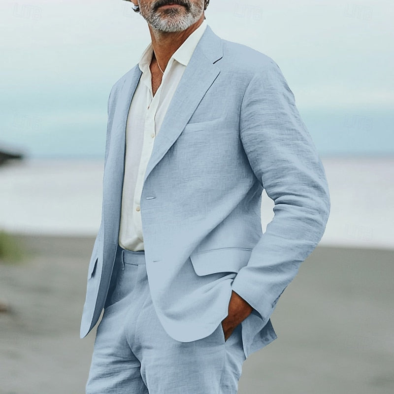 Men's light blue linen suit with notch lapel blazer and flat front trousers for summer weddings and events