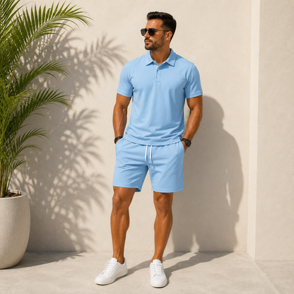 Men's light blue polo shirt and shorts set with lightweight casual design for summer wear