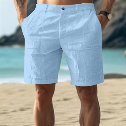 Men's light blue relaxed fit shorts with flexible waistband and comfortable casual design
