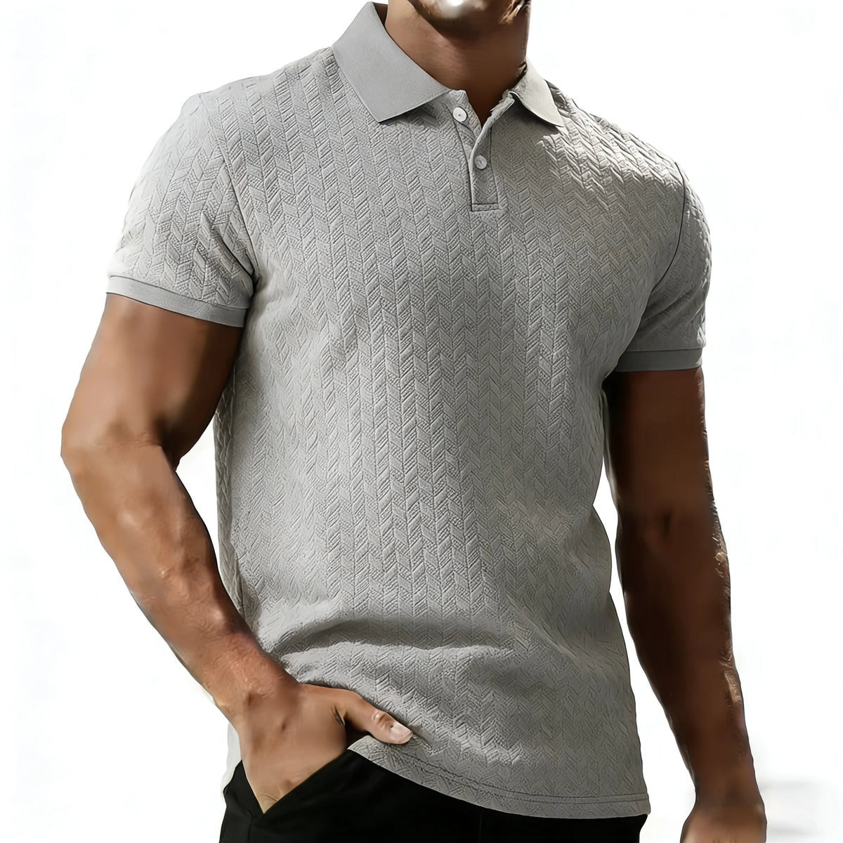 Men's light gray polyester polo shirt with short sleeves and turn-down collar for casual summer outfits