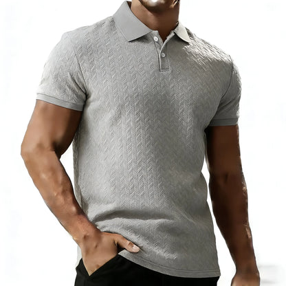 Men's light gray polyester polo shirt with short sleeves and turn-down collar for casual summer outfits