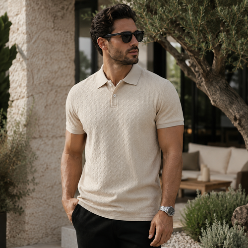 Men's light khaki polyester polo shirt with short sleeves and turn-down collar for casual summer style