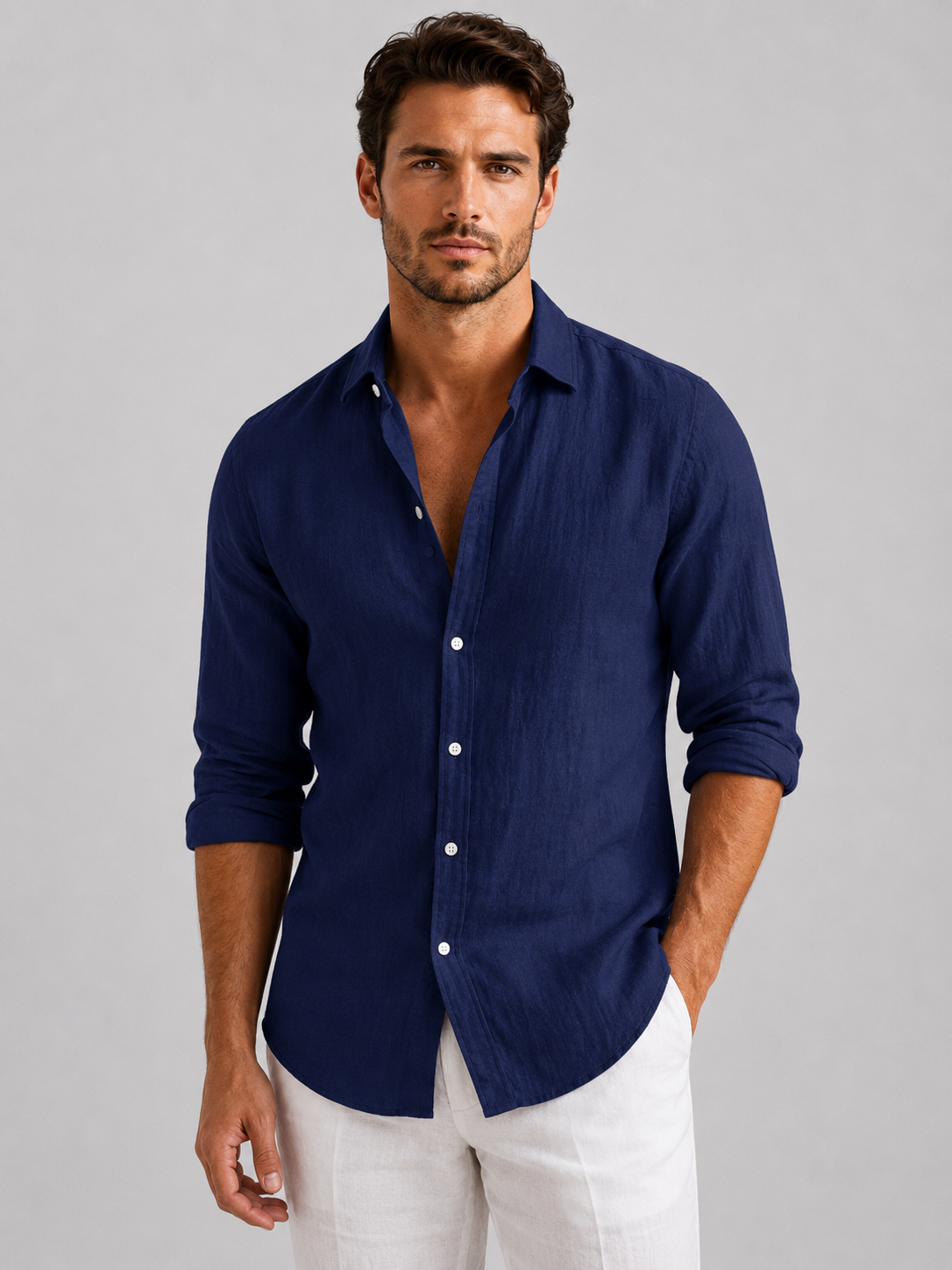 Men's navy blue breathable summer shirt with relaxed fit and lightweight fabric