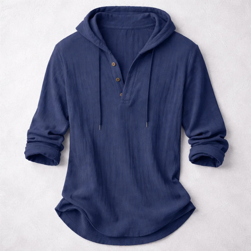 Men's navy blue linen blend hooded pullover shirt with button placket and relaxed fit