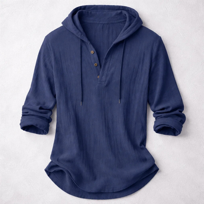 Men's navy blue linen blend hooded pullover shirt with button placket and relaxed fit