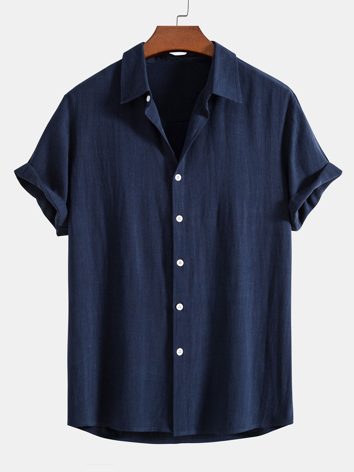 Men's navy blue linen blend short sleeve shirt with relaxed button fit for summer style