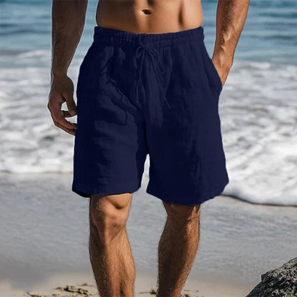 Men's navy blue linen swim shorts with quick-dry design for beach and pool days