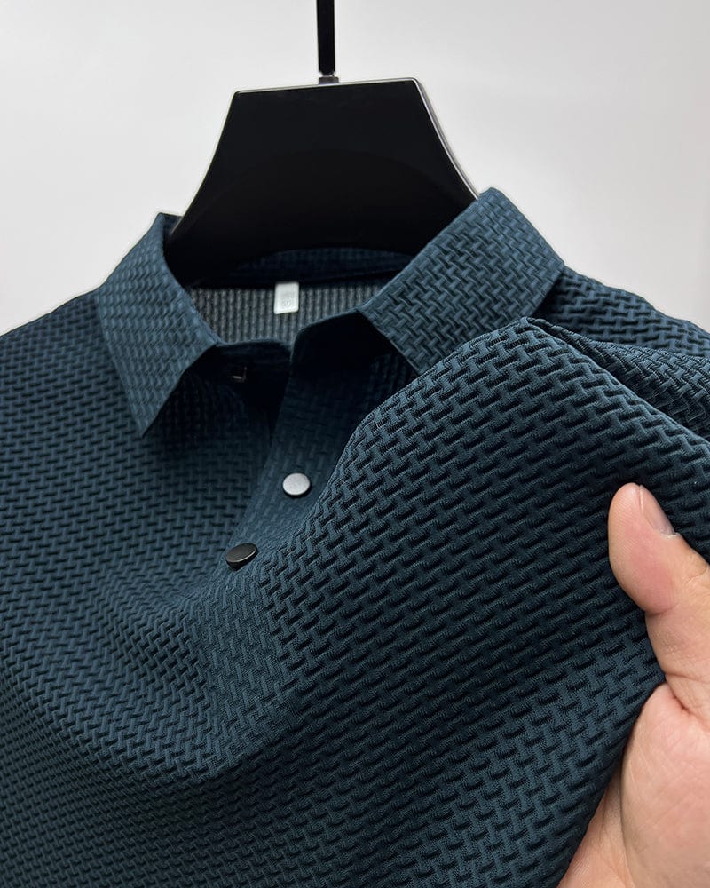 Men's navy blue mesh polo shirt with breathable lightweight fabric