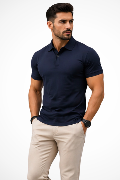 Men's navy blue muscle fit polo shirt with short sleeves, classic collar and tailored silhouette