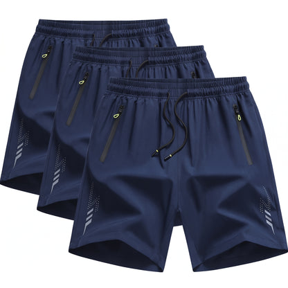 Men's navy blue polyester elastane sports shorts 3-piece with breathable quick-dry stretch fabric
