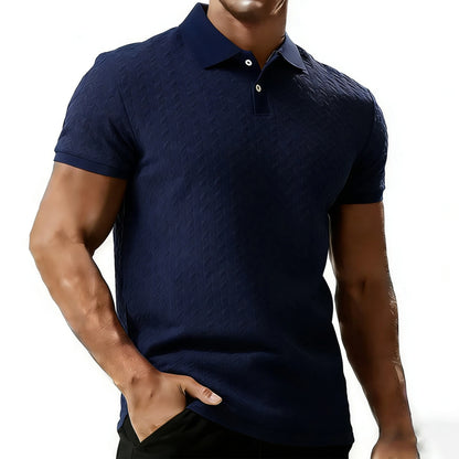 Men's navy blue polyester polo shirt with short sleeves and turn-down collar for versatile casual style