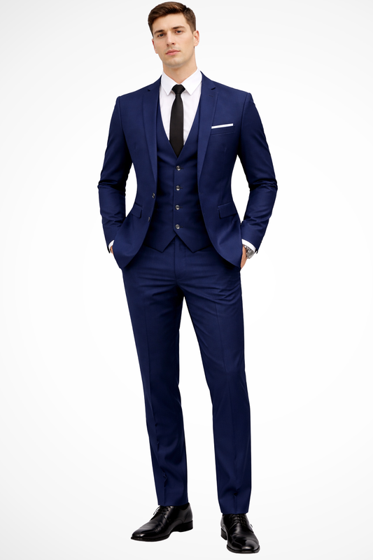 Men's navy blue slim fit 3 piece suit with notch lapel, waistcoat and matching trousers