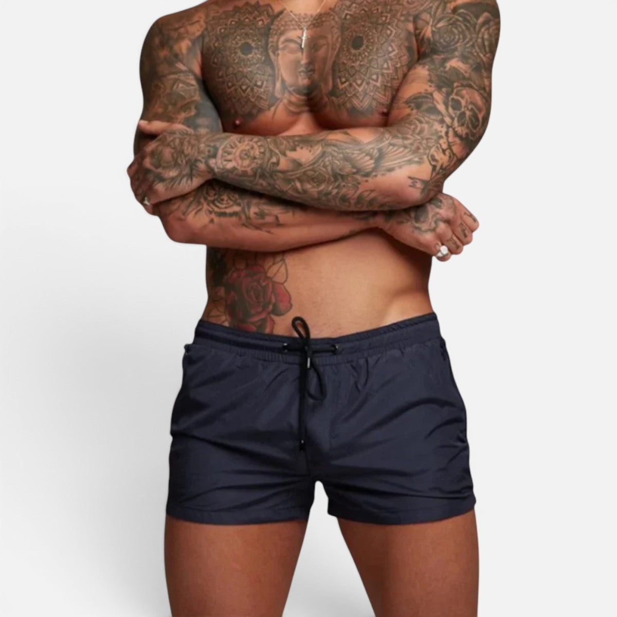 Men's navy blue stretch swim trunks with quick-dry design and adjustable drawstring waist