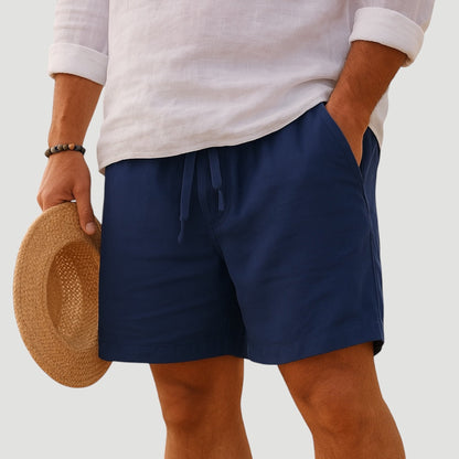Men's navy cotton-linen shorts with lightweight fabric and relaxed tailored fit