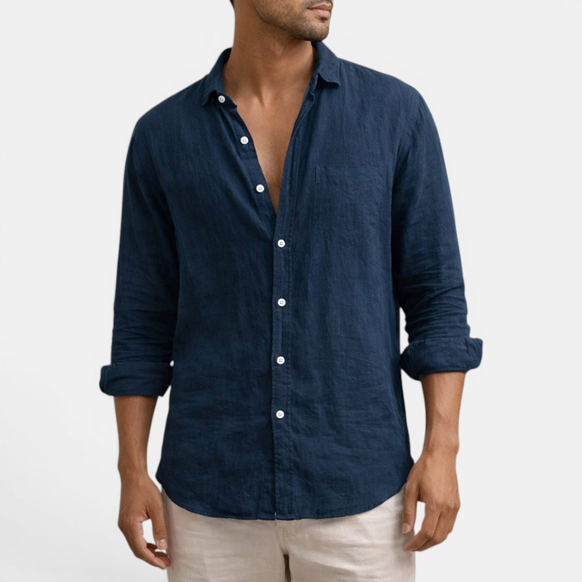 Men's navy linen shirt with breathable fabric, regular fit and long sleeves