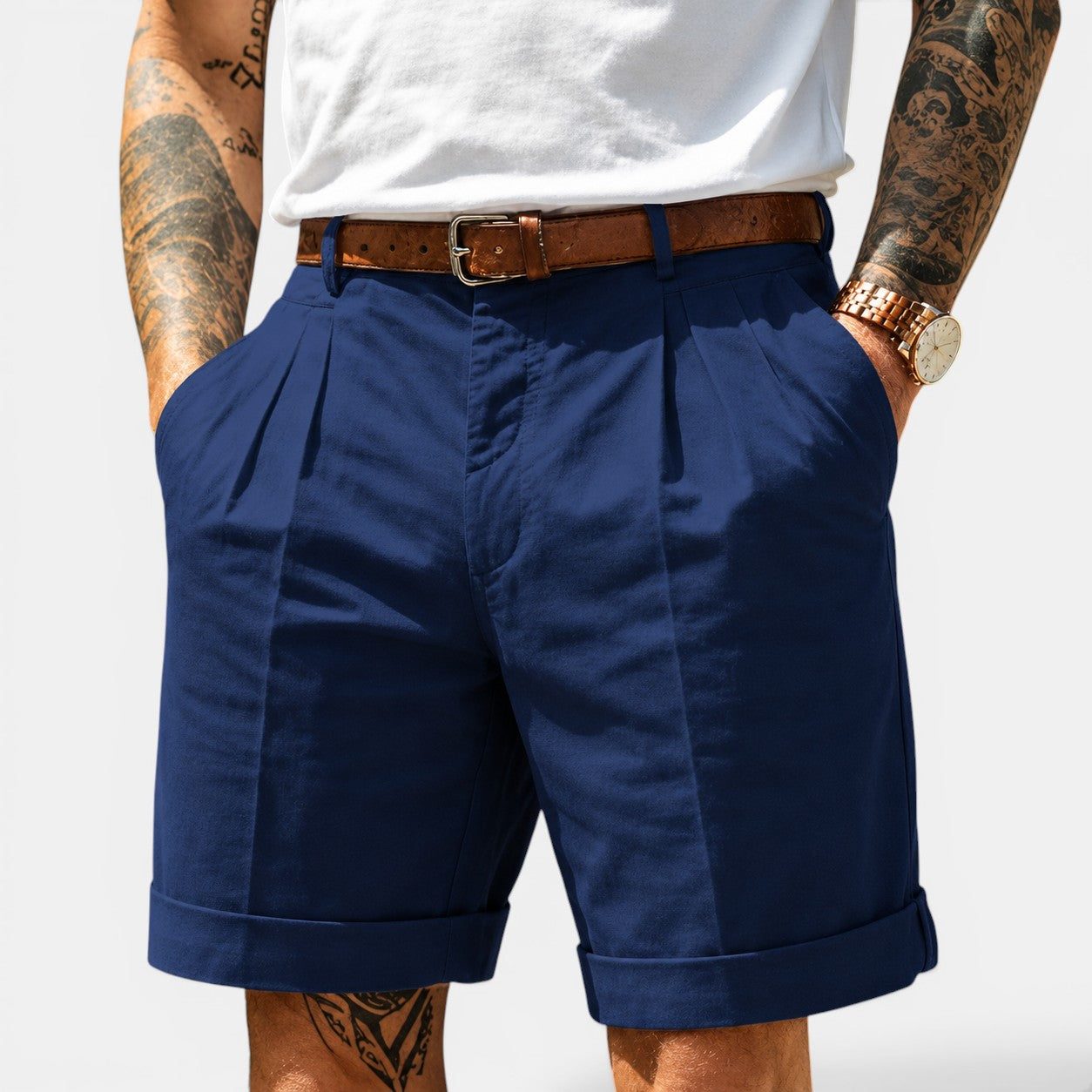 Men's navy linen shorts with a relaxed fit for versatile holiday, coastal and everyday summer outfits