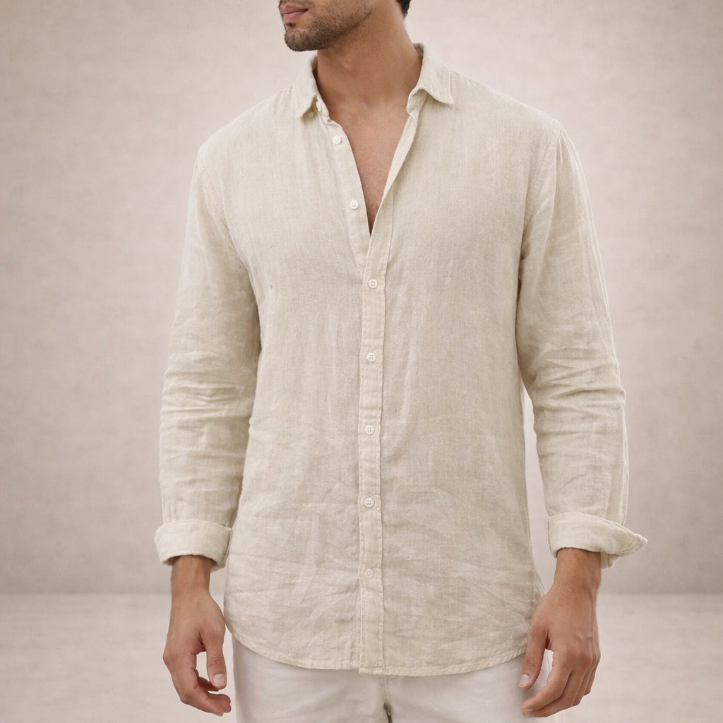 Men's off white linen shirt with mandarin collar and regular fit