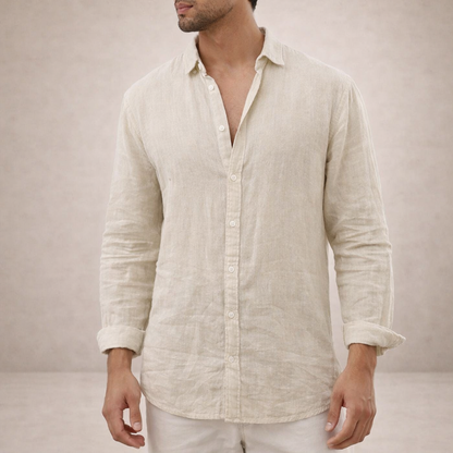 Men's off white linen shirt with mandarin collar and regular fit