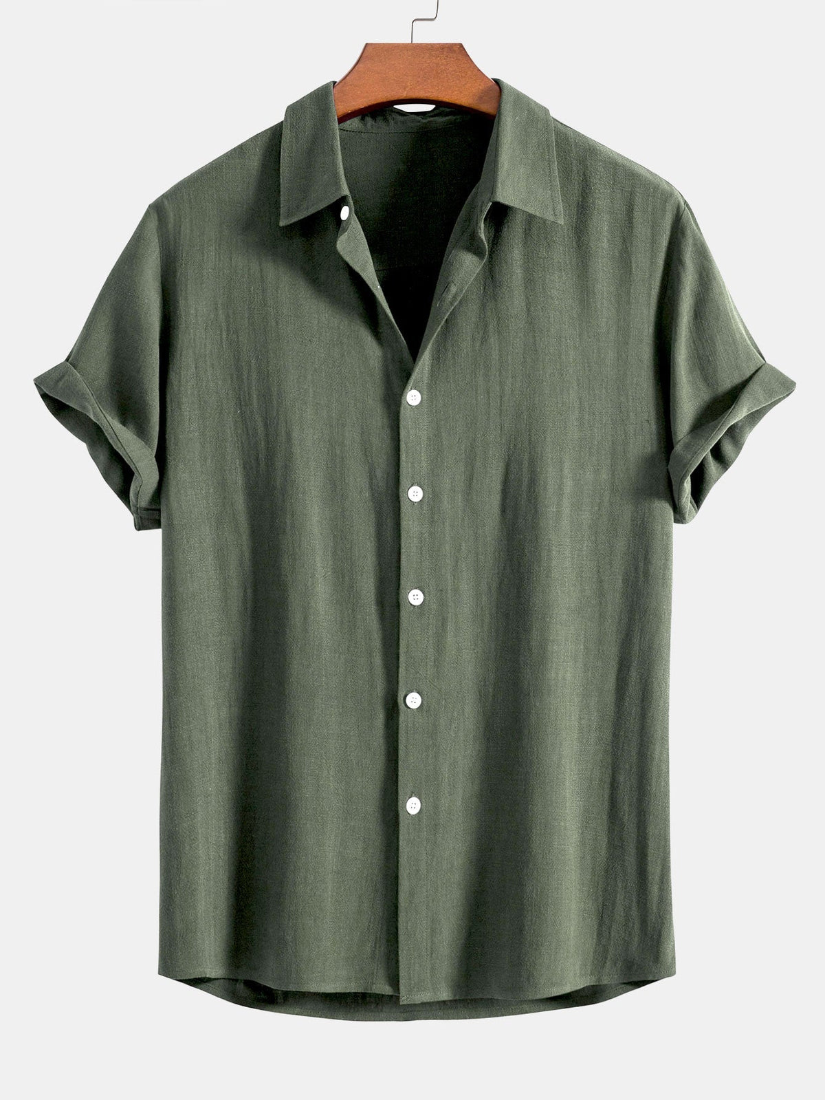 Men's olive green linen blend short sleeve shirt with relaxed button fit for summer style