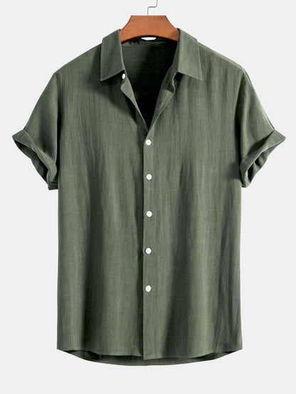 Men's olive green linen blend short sleeve shirt with relaxed button fit for summer style