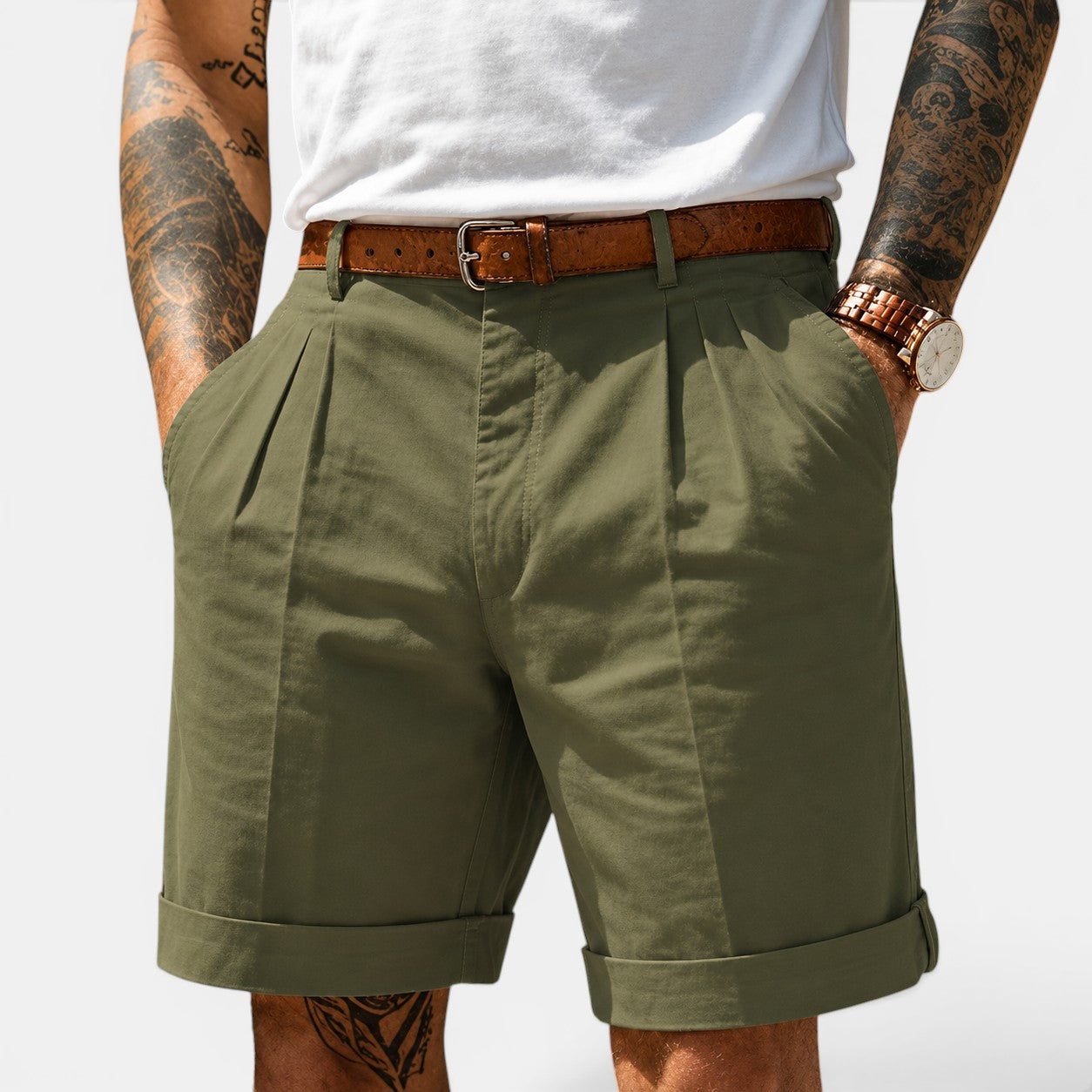 Men's olive green linen shorts with a relaxed fit for comfortable everyday and warm-weather dressing