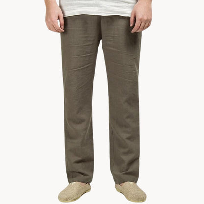 Men's olive linen trousers with straight leg fit and elasticated waist for casual summer style