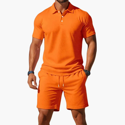Men's orange polo shirt and shorts set with lightweight casual design for summer wear