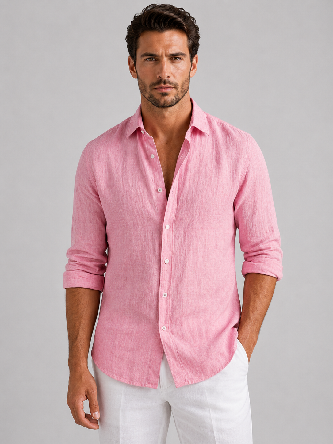 Men's pink breathable summer shirt with relaxed fit and lightweight fabric