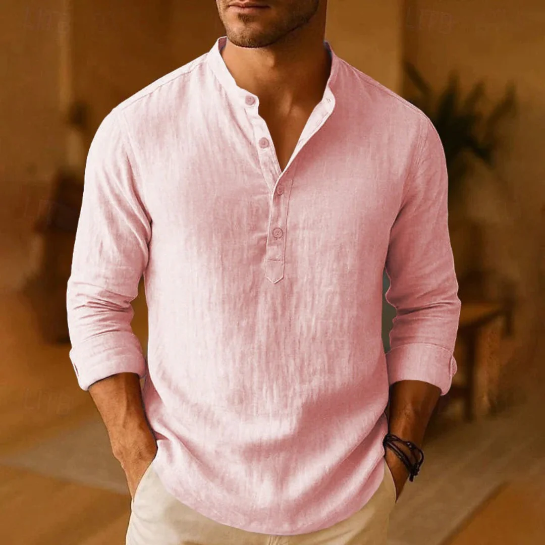 Men's pink Henley shirt with long sleeves, modern design and classic button placket