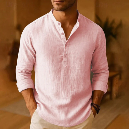 Men's pink Henley shirt with long sleeves, modern design and classic button placket