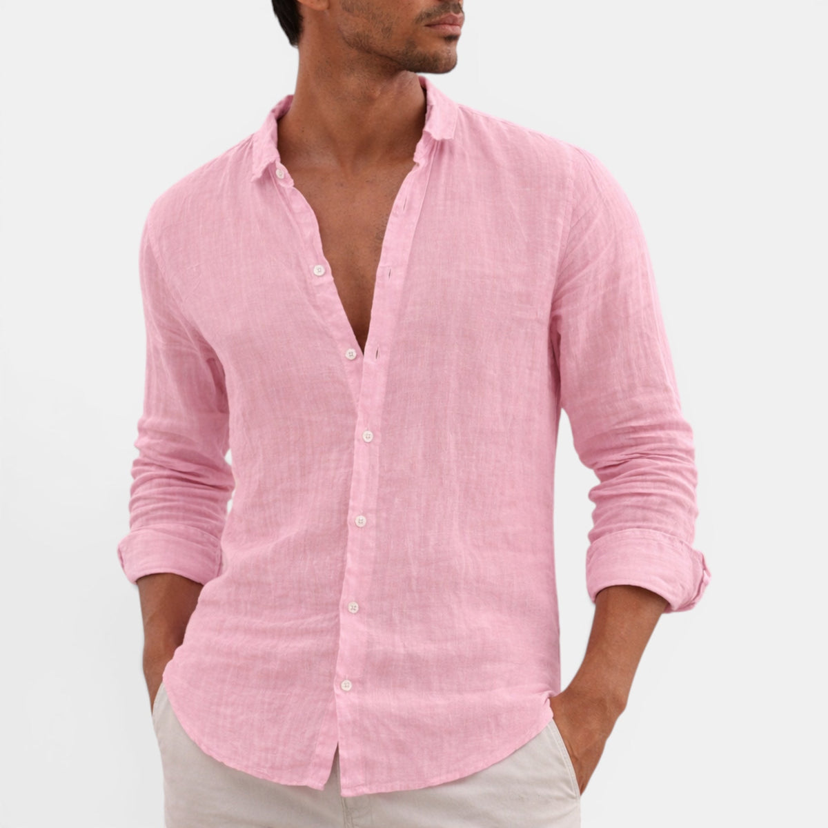 Men's pink linen shirt with breathable fabric, regular fit and long sleeves