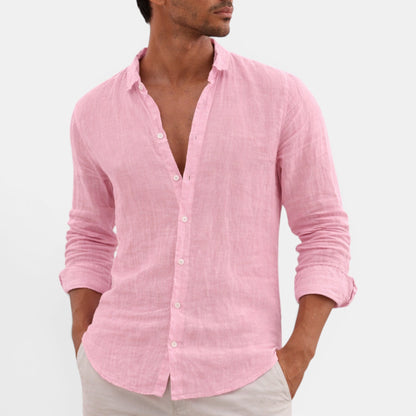 Men's pink linen shirt with breathable fabric, regular fit and long sleeves