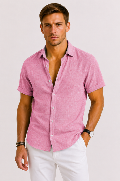 Men's pink linen shirt with classic collar, relaxed fit and button-front design