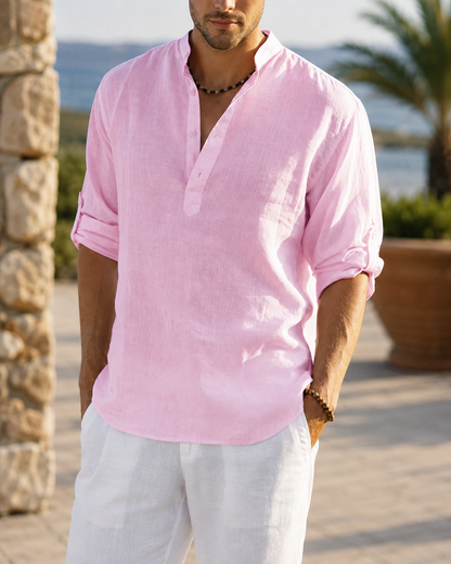 Men's pink lightweight linen shirt with classic collar