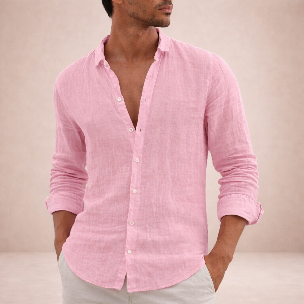 Men's pink linen shirt with mandarin collar and regular fit