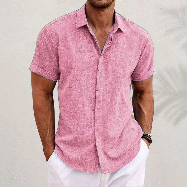 Men's pink short sleeve linen shirt with relaxed fit
