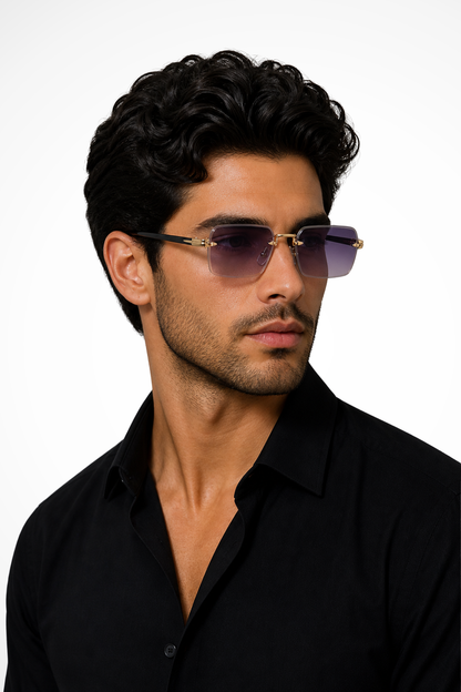 Men's pink rimless sunglasses with gold bridge and gradient tinted lenses for modern summer style