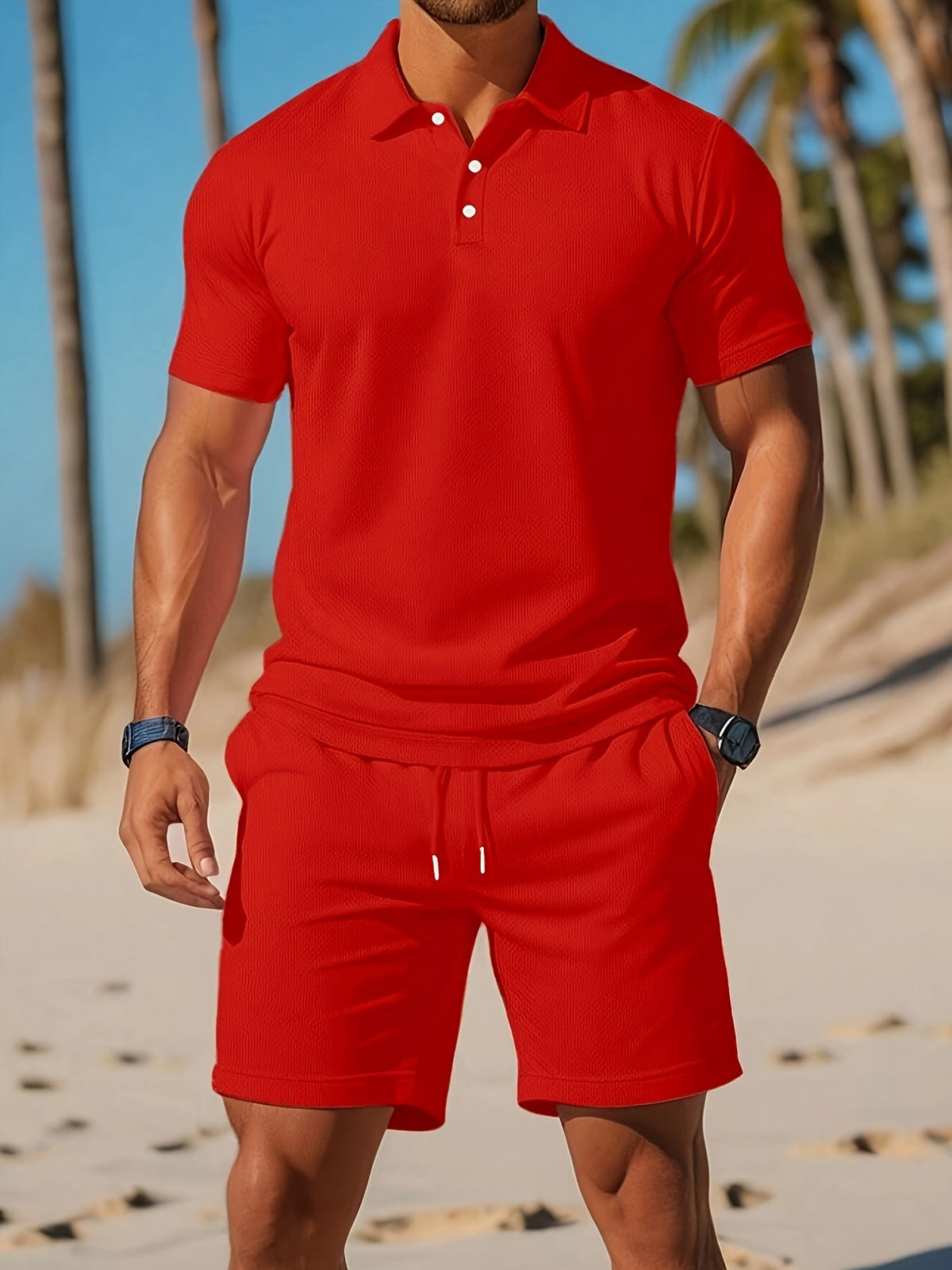 Men's red polo shirt and shorts set with lightweight casual design for summer wear