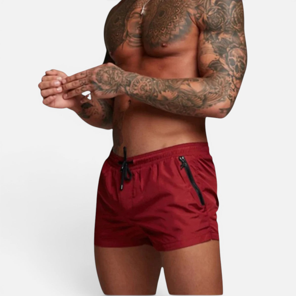 Men's red stretch swim trunks with quick-dry design and adjustable drawstring waist