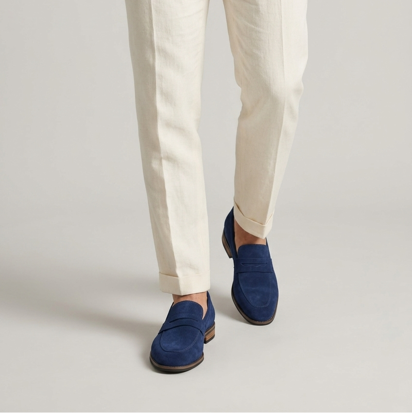 Men's royal blue synthetic loafers with classic strap detail and slip-on design for distinctive smart casual style