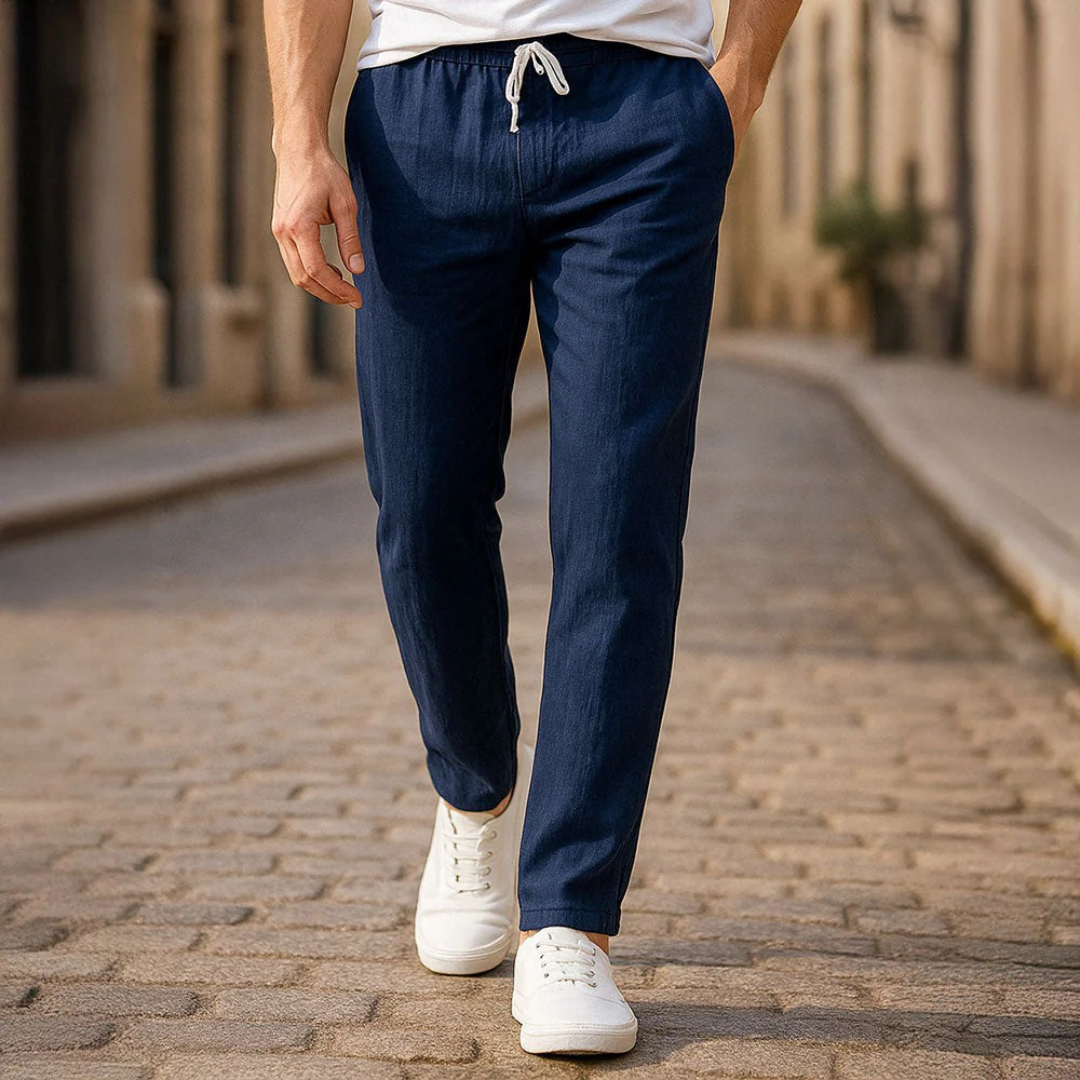 Men's royal navy linen pants with lightweight fabric, relaxed fit and straight-leg design