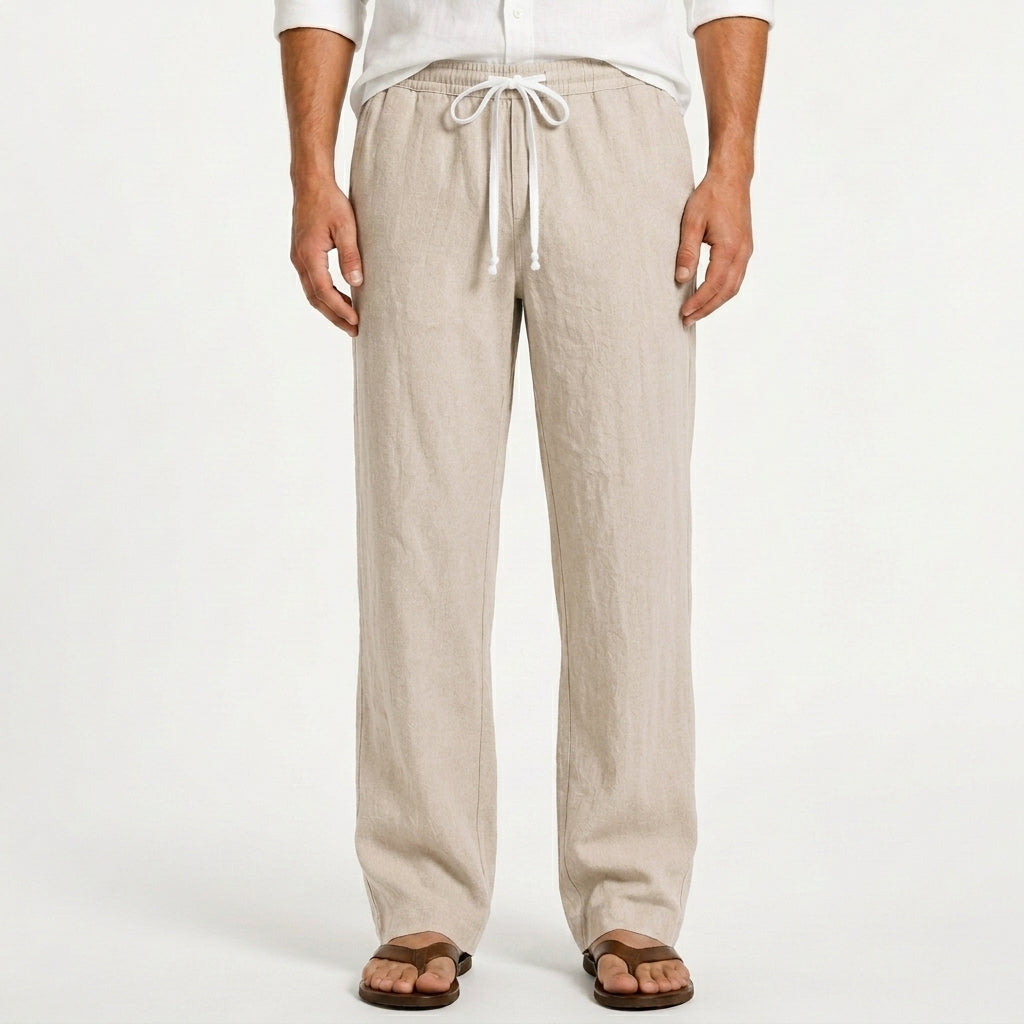 Men's sand linen trousers with straight-leg fit and adjustable drawstring waist