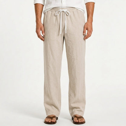 Men's sand linen trousers with straight-leg fit and adjustable drawstring waist