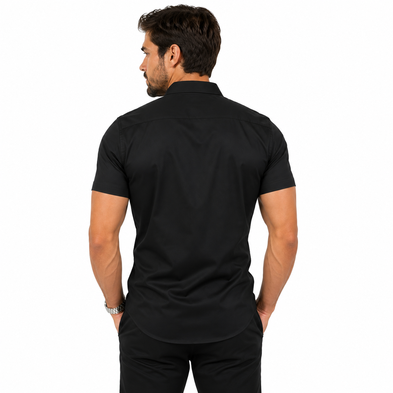 Back view of men's black short sleeve stretch shirt