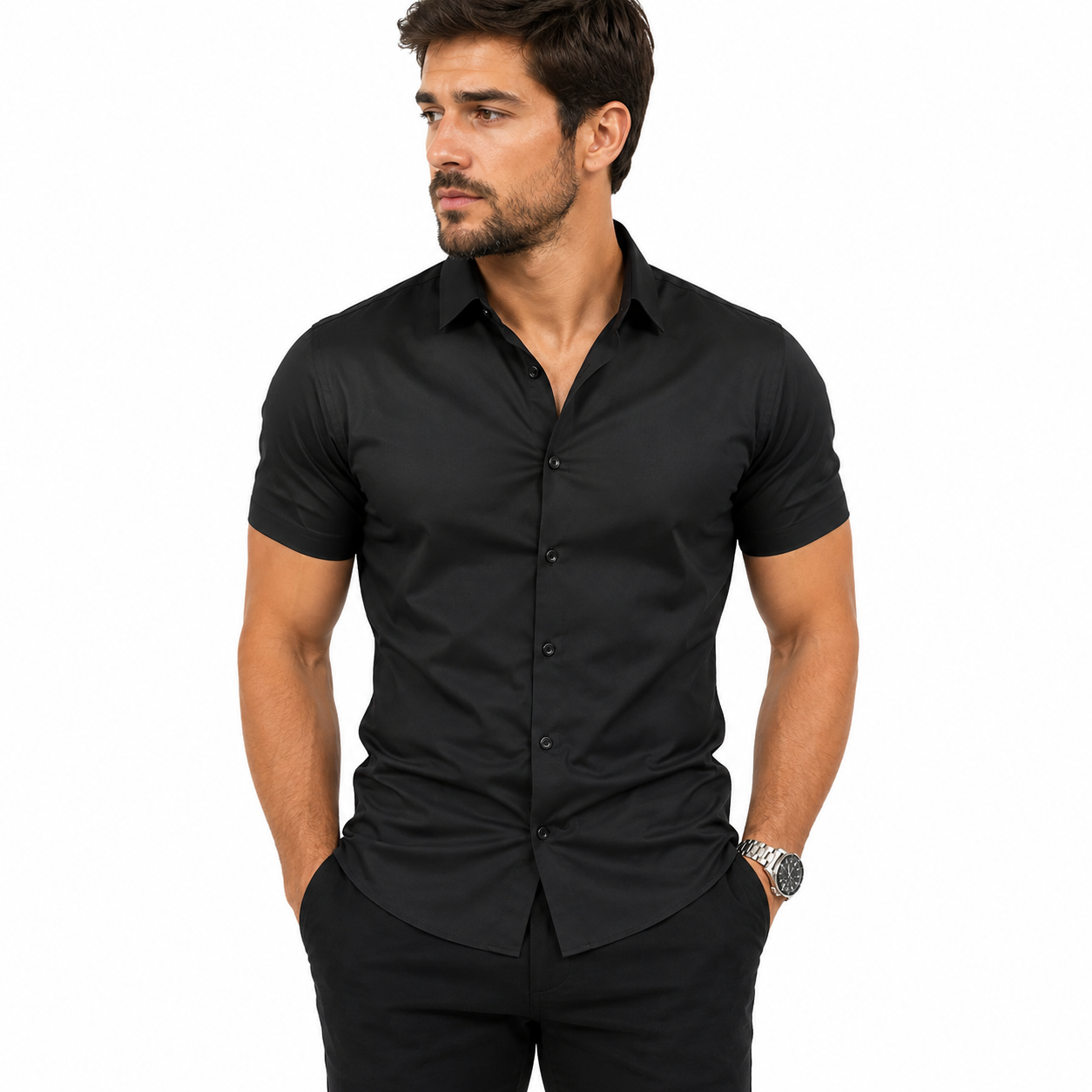 Men's black short sleeve stretch shirt with classic turn-down collar
