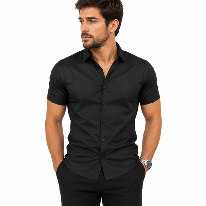 Men's black short sleeve stretch shirt with classic turn-down collar