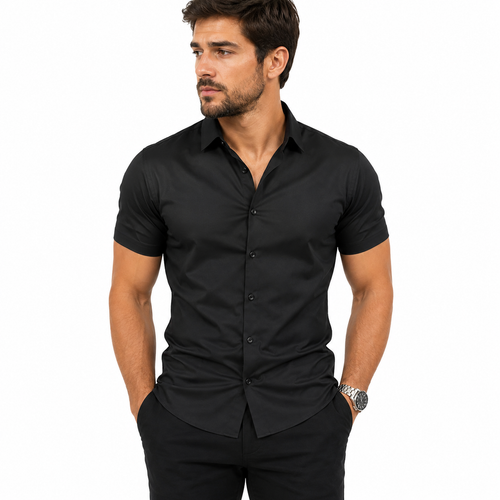 Men's black short sleeve stretch shirt with classic turn-down collar