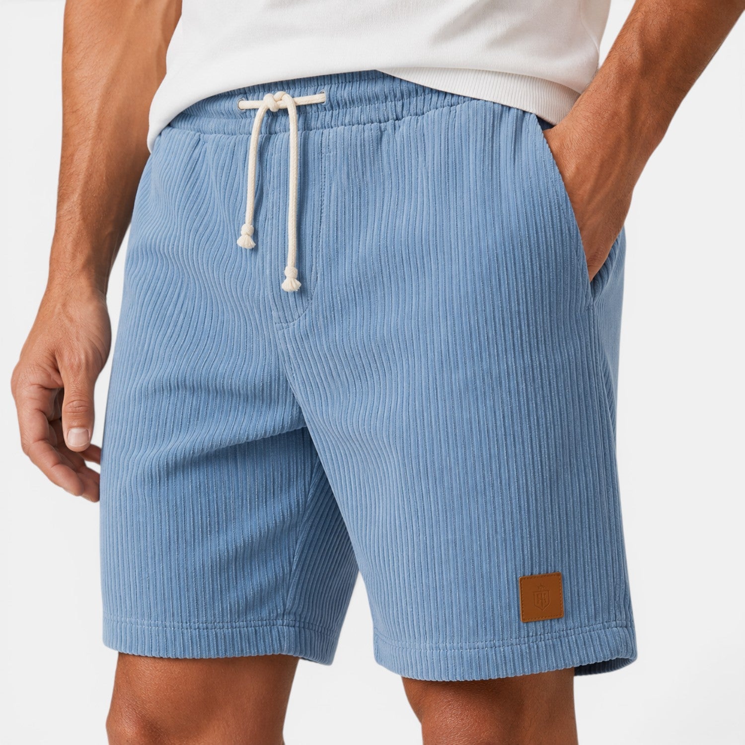 Men's sky blue corduroy shorts with soft lightweight texture for relaxed summer casual style