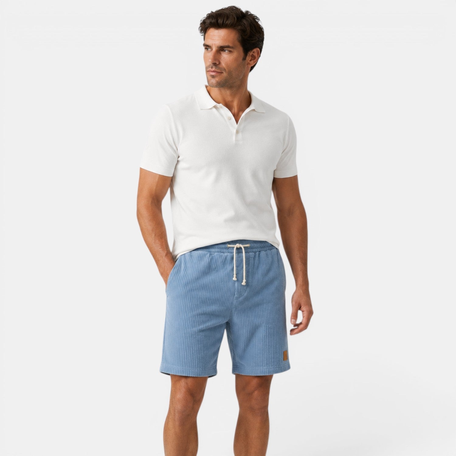 Men's sky blue corduroy shorts with soft lightweight texture for relaxed summer casual style