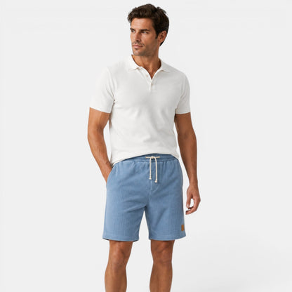 Men's sky blue corduroy shorts with soft lightweight texture for relaxed summer casual style